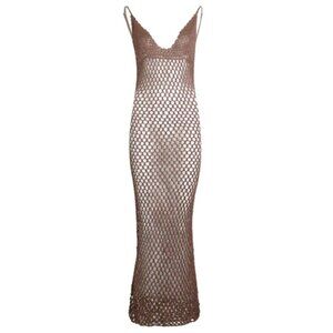 Flook The Label Enya Scoop Back Fishnet Maxi Dress in Brown